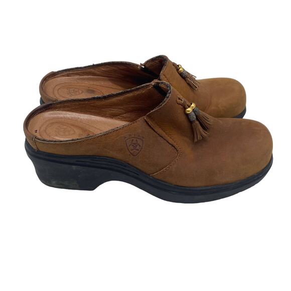 Ariat Women's Leather Tassels Mule Brown Size 8B EUC Slip On Clogs Gold Accent - Picture 3 of 9